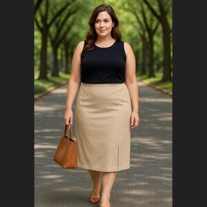 Vintage Talbots Irish Linen Midi Pencil Skirt 16 PETITE Beige Slit Classic NWT